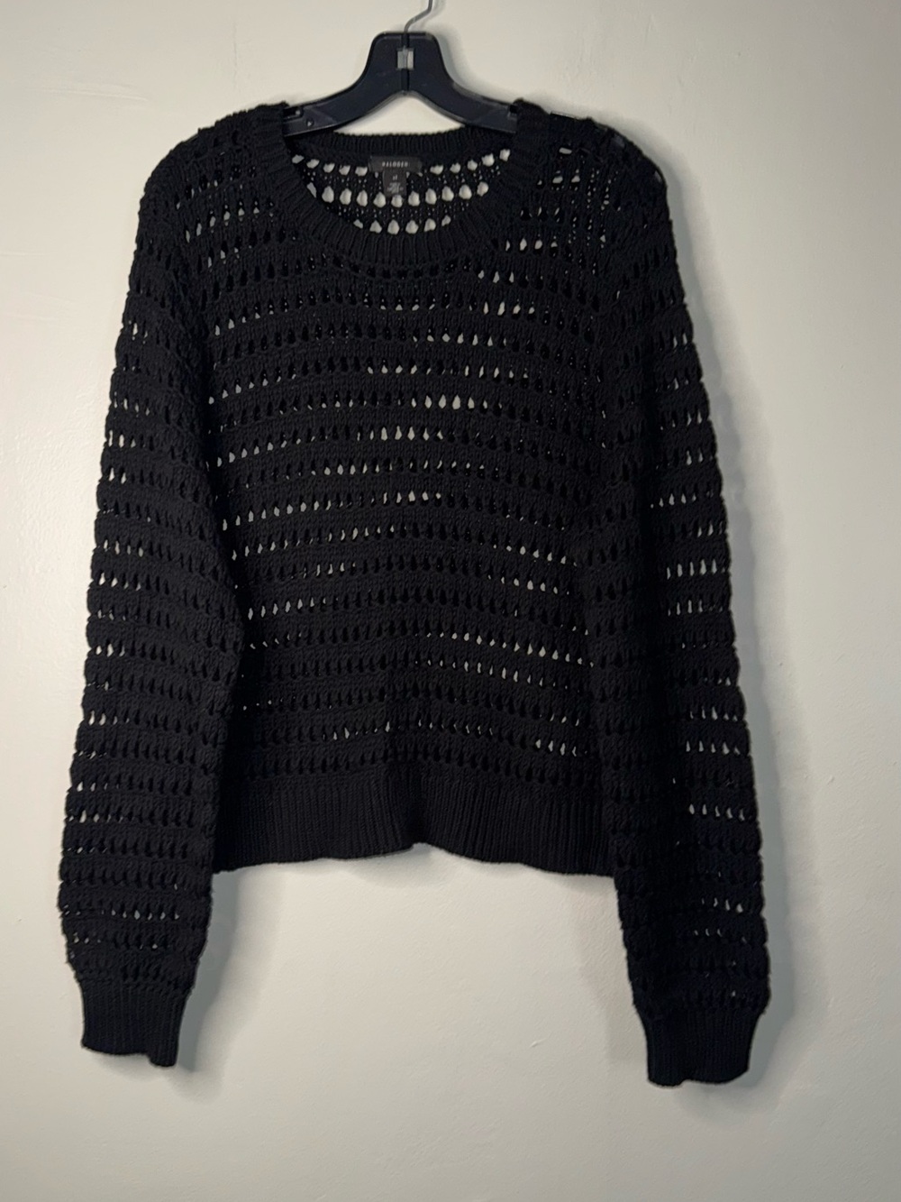 Halogen Black Open-Knit Crewneck Sweater